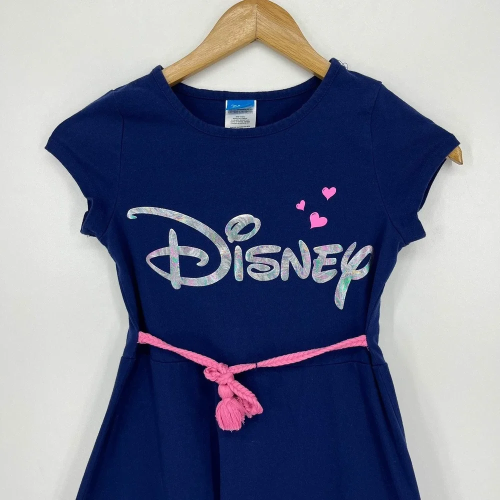 Disney Girls Blue Dress Silver Holographic Logo Pink Braided Belt Size 10/12